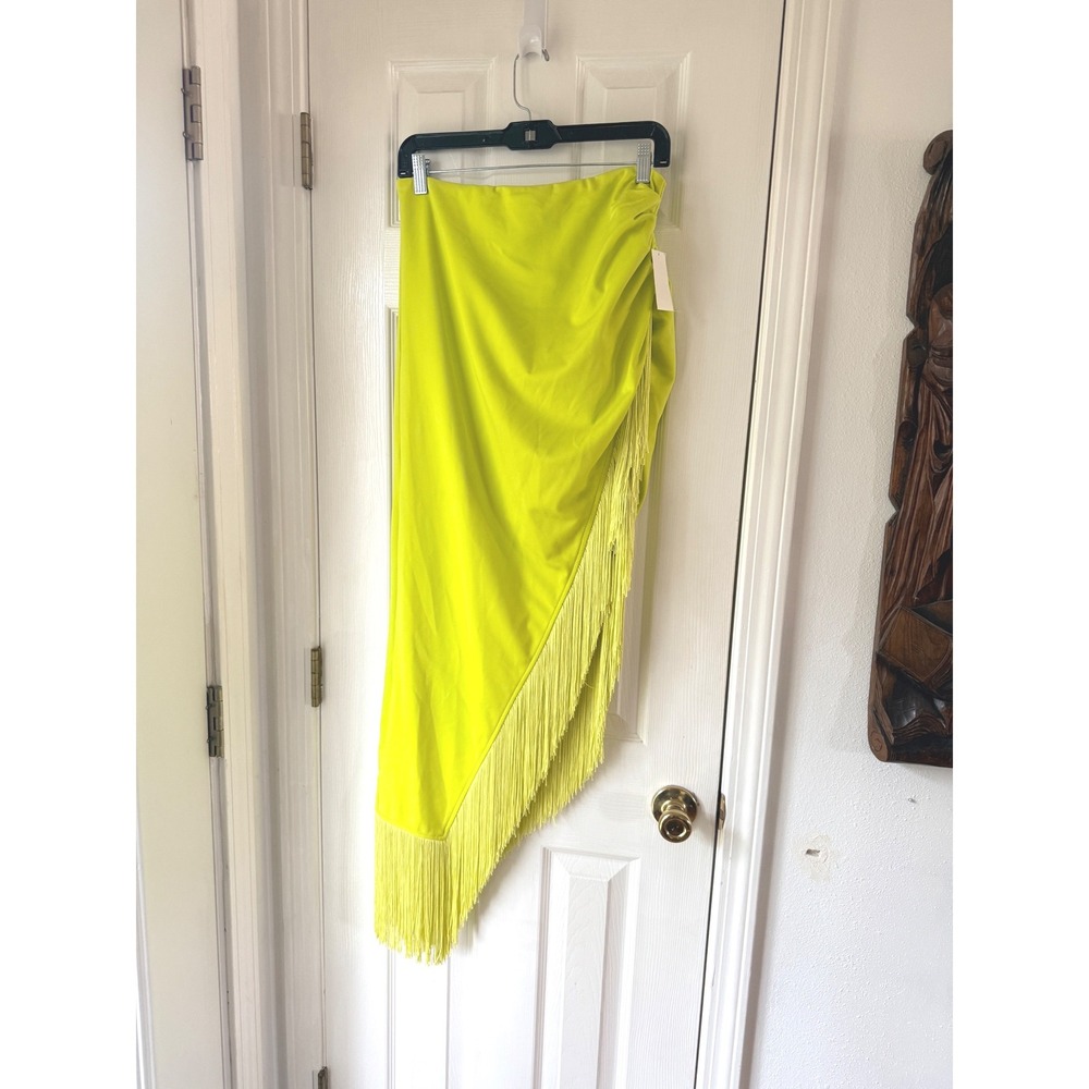 FORE Fringed Midi Skirt Lime Green Asymmetrical Draped Size Large - Picture 3 of 7